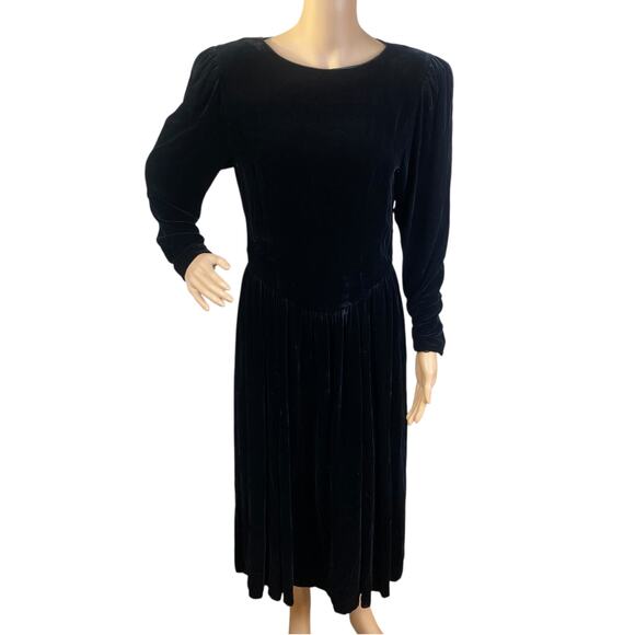 Vtg 80s Joanie Char Black Velvet Basque Waist Gothic Midi Dress SZ 8 - Picture 1 of 10